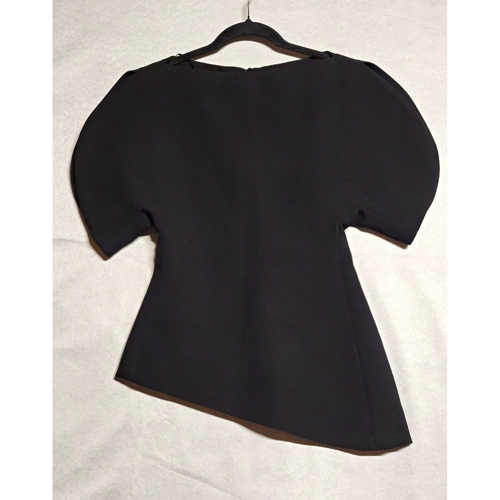 Zara Black Solid Puff Sleeve Short Sleeve Round Neck Back Zip Blouse XS